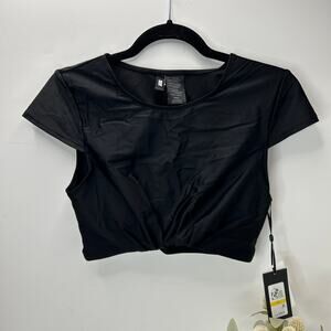 DKNY Cropped Cap Sleeve Swim Top Black Women Medium NWT Padded Cups